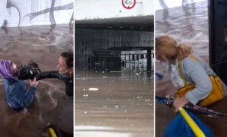 Τρομοκρατημένοι οι επιβάτες! Απίστευτες εικόνες από το λεωφορείο που βυθίστηκε (βίντεο)